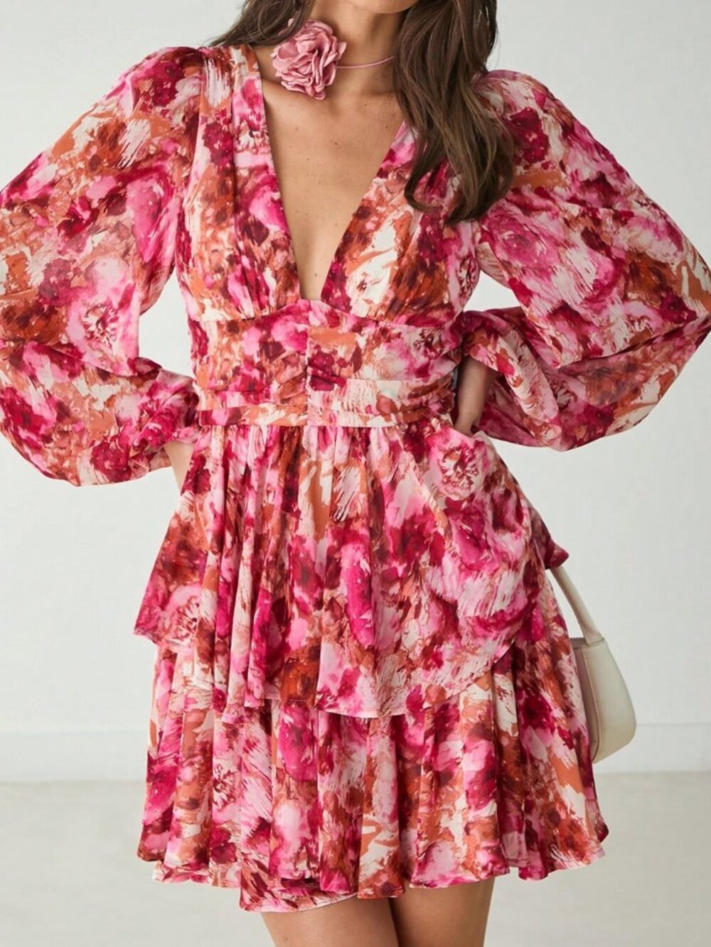 Hot Pink Boho Women's V-Neck Long Sleeve Floral Allover Print Short Casual Dress - Picture 5 of 10